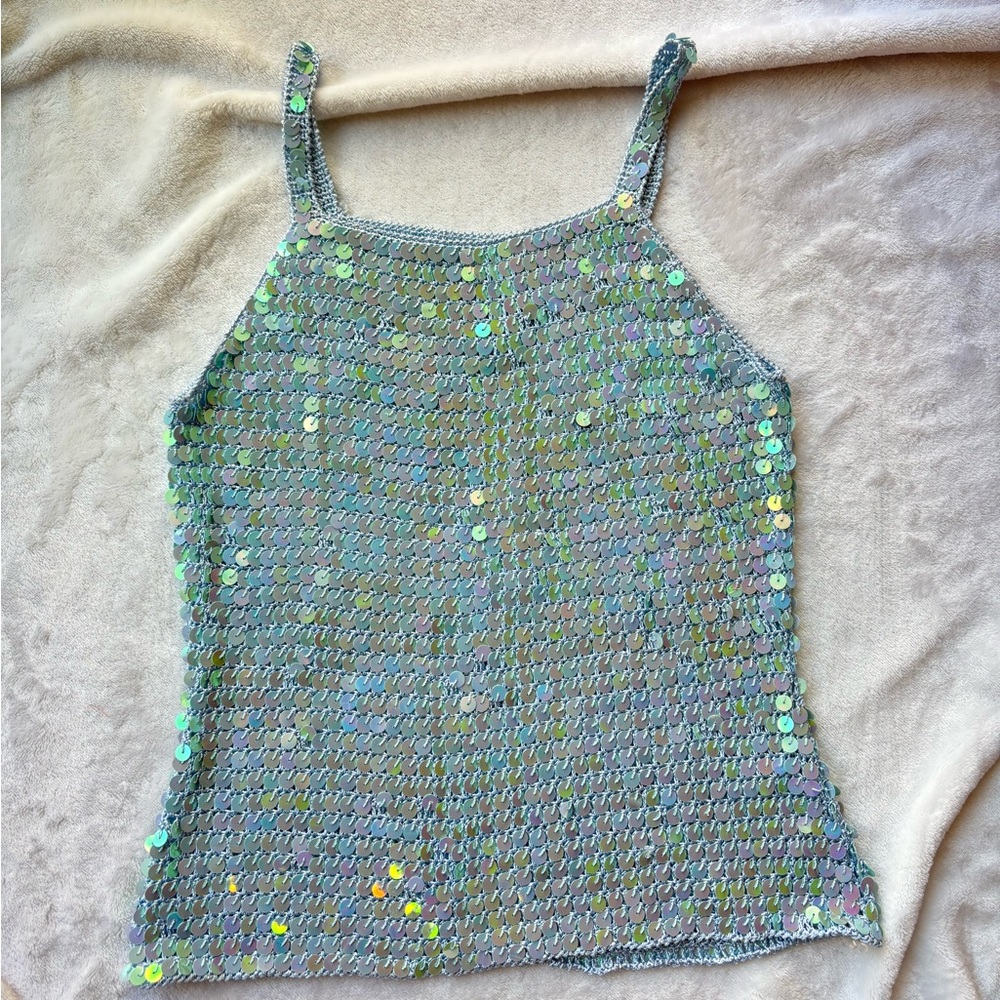 Vintage Blue Sequin Embellished crochet knit cami Tank Top